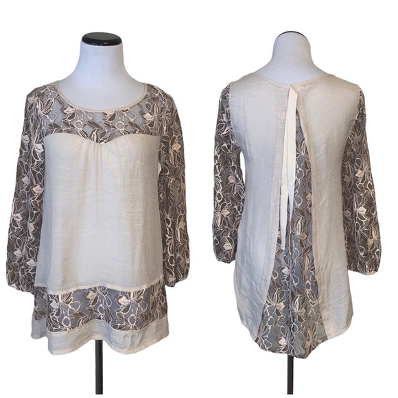 005 Anthropologie Areve quarter sleeve peasant top with laced detail in cream - Picture 3 of 6